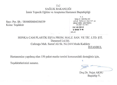 İZMİR TEPECİK TRAINING AND RESEARCH HOSPITAL THANK YOU LETTER